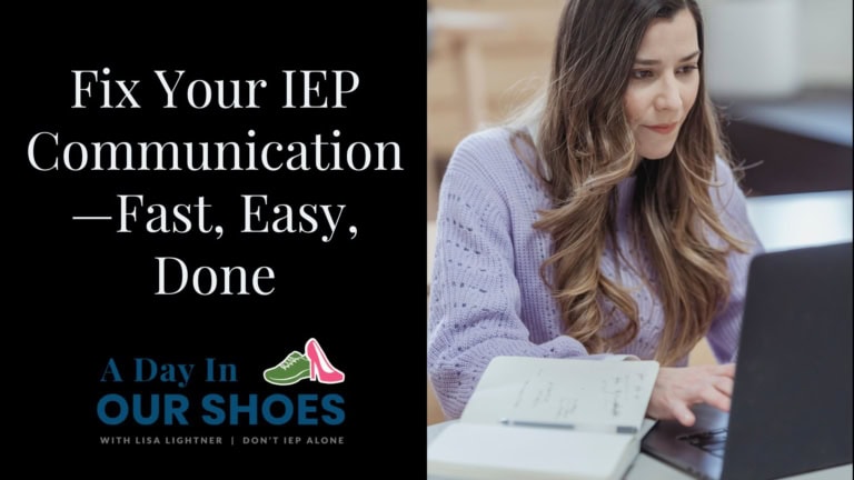 Woman in a lavender sweater works on a laptop next to an open notebook; text reads "fix your iep emails—fast, easy, done. Stronger iep communication starts here. A day in our shoes.