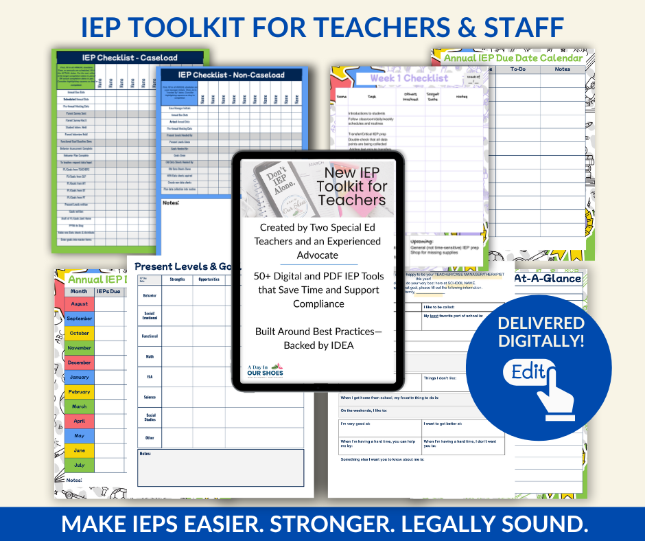 Iep toolkit for teachers & staff promotional image showing checklists, calendars, and digital planning tools designed to support iep compliance and best practices.
