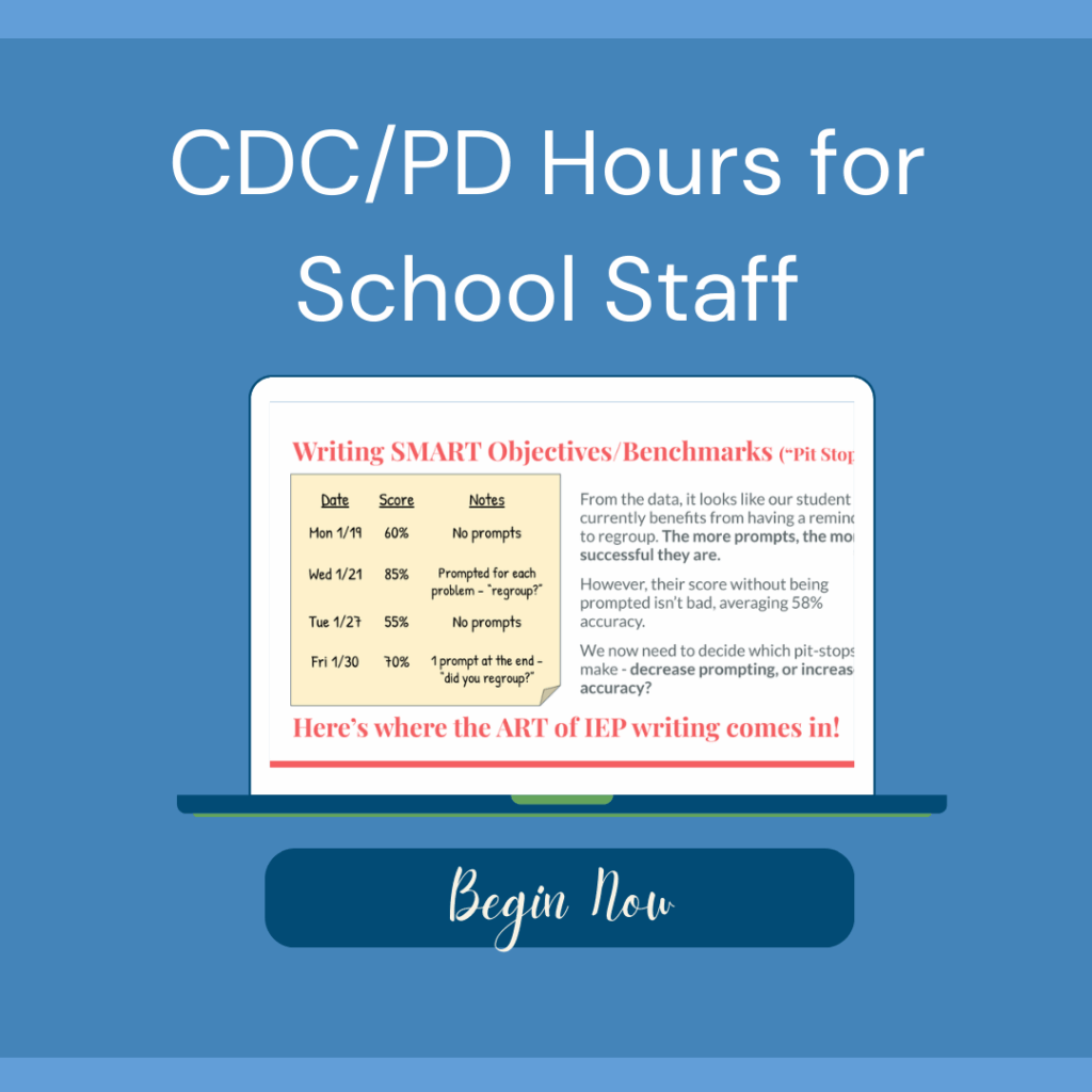 A laptop screen displays a chart on writing smart objectives and benchmarks for staff, with the heading "professional development hours for teachers" above and a "begin now" button below.