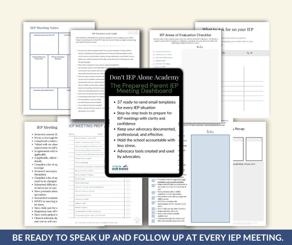 A collection of IEP meeting preparation templates and checklists, with a central dashboard describing their use for advocating and organizing during IEP meetings.