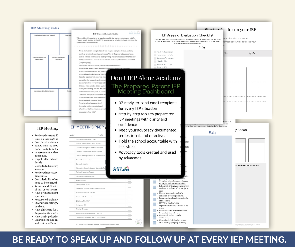 A collection of iep meeting preparation templates and checklists, with a central dashboard describing their use for advocating and organizing during iep meetings.