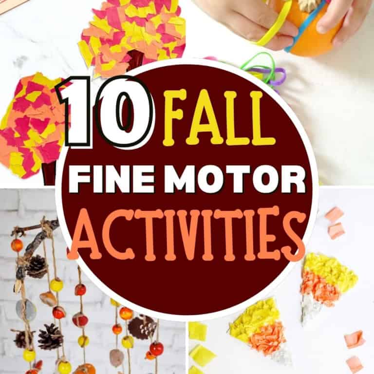 Collage showing fall fine motor activities for kids, including tissue paper trees, threading beads, and crafts to boost fine motor skills, with “10 fall fine motor activities” text in the center.