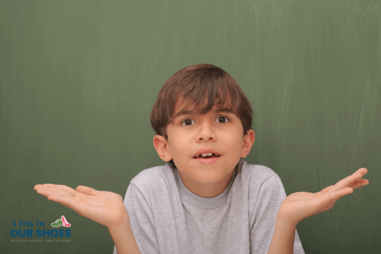 Young boy with brown hair in a gray shirt stands in front of a chalkboard, raising both hands with a confused or questioning expression, highlighting challenges in communication. Logo in lower left corner reads "a day in our shoes.