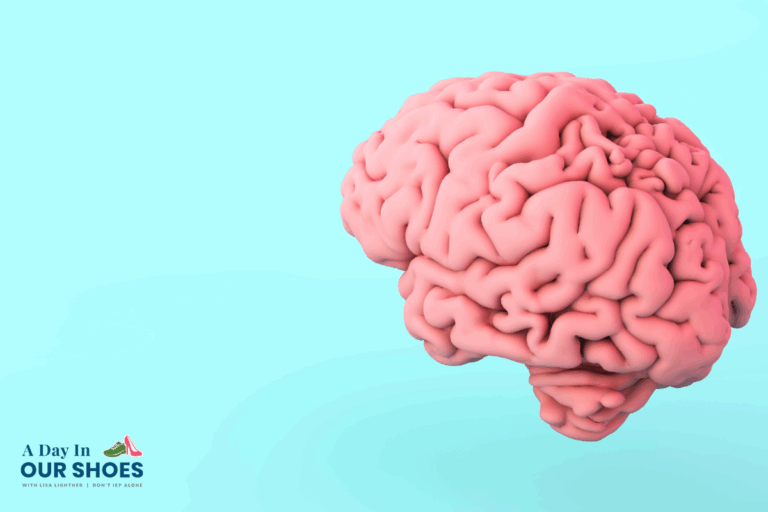 A realistic 3d illustration of a human brain on a light blue background, highlighting the theme of cognitive impairment, with the text "a day in our shoes" in the lower left corner.