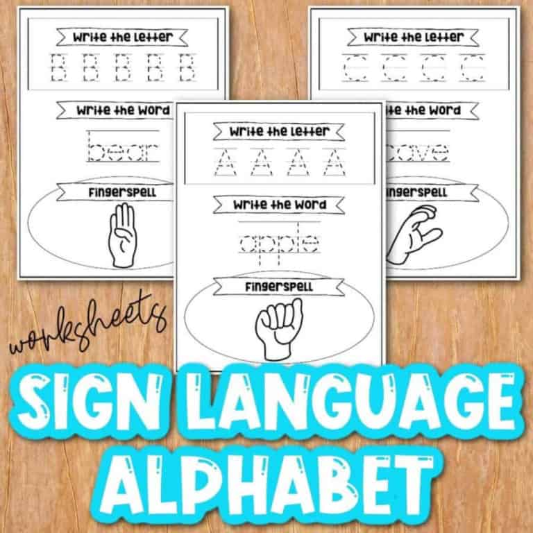 Printable sign language alphabet worksheets for learning fingerspelling and letter recognition.