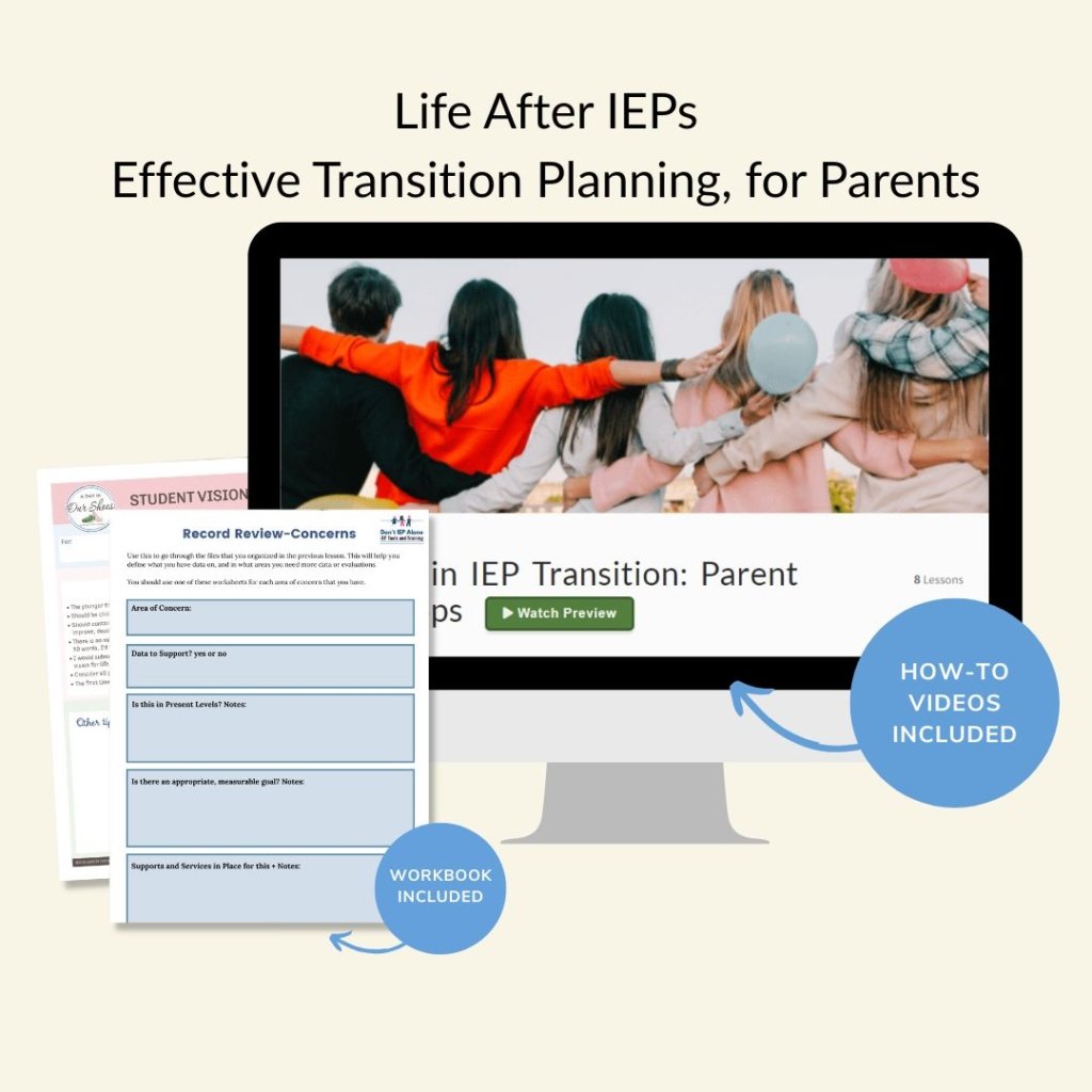 A computer screen displays a parent support video on iep transition planning, with workbook pages, a how-to videos label, and information about iep transition workshops shown alongside.