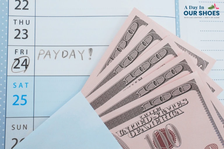 A calendar shows "payday! " written on friday the 24th, next to an envelope containing several $100 bills—highlighting special education teacher salaries.