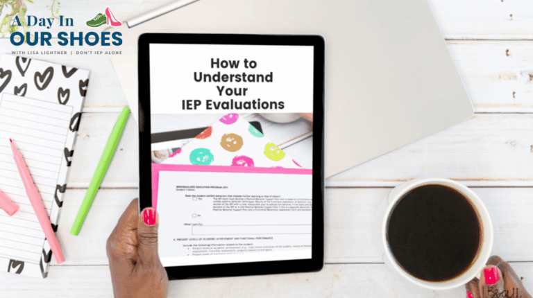 A person holding a tablet displaying "How to Understand Your IEP Evaluations" on a desk with a notebook, pen, glasses, and coffee—perfect for anyone seeking an IEP guide for navigating special education.
