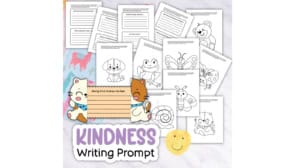 A collection of kindness writing prompts featuring animal illustrations, decorative stickers, and the phrase "kindness writing prompt" at the bottom. Perfect for inspiring thoughtful stories and reflections on kindness.