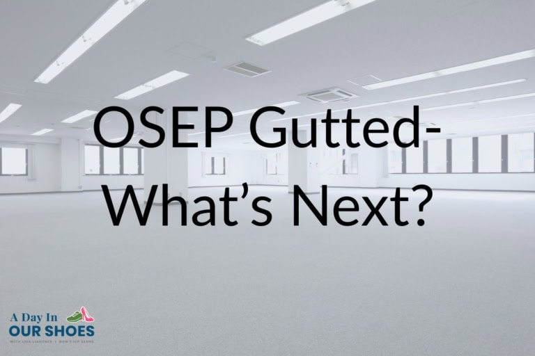 An empty office space with large windows and ceiling lights, overlaid with the text "osep gutted- what’s next? " and the logo for a day in our shoes, highlights concerns for parents and iep decisions after recent osep changes.