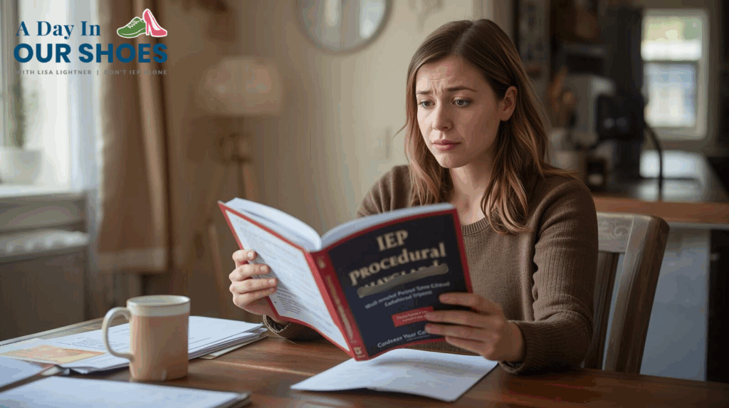 A woman sits at a desk reading a book titled "iep procedural," surrounded by paperwork, her concerned expression reflecting the challenges of understanding parents' rights in special education.