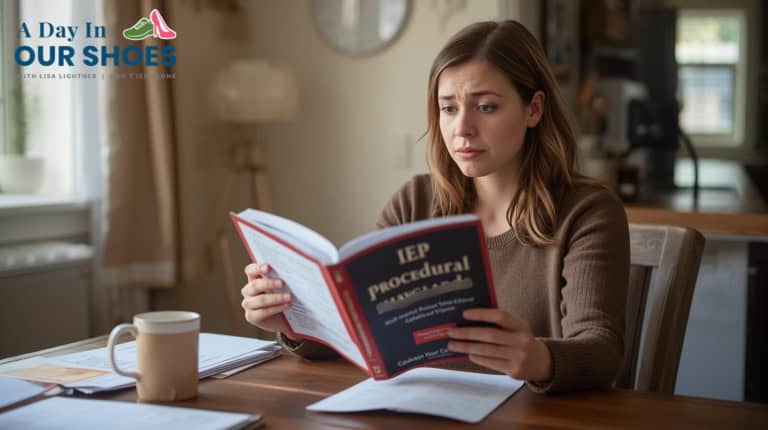 A woman sits at a desk reading a book titled "iep procedural," surrounded by paperwork, her concerned expression reflecting the challenges of understanding parents' rights in special education.