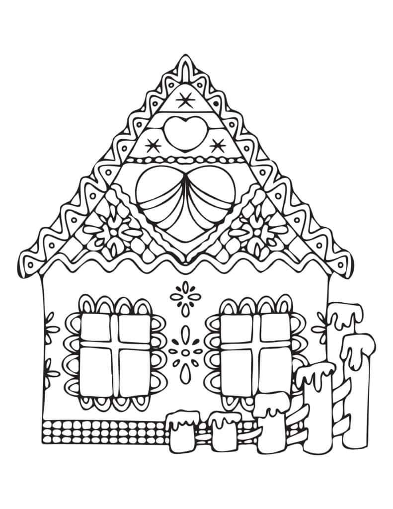 Black and white illustration of a gingerbread house with decorative icing details, two windows, and a fence with snow-covered posts—perfect for gingerbread coloring pages enthusiasts.