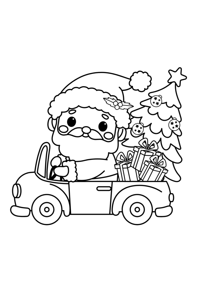 A dinosaur wearing a santa hat and a reindeer with a wreath are surrounded by stars, holly, and bells, with "merry christmas! " at the top—perfect for festive santa coloring pages fun.