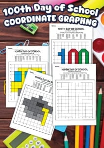 Four 100 days of school coordinate graphing worksheets featuring colorful, pixel-style designs are shown on a desk with school supplies.