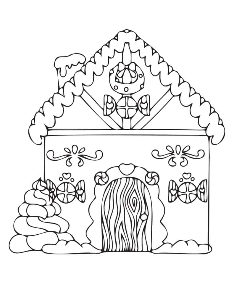Black and white illustration of a gingerbread house decorated with candy, frosting details, and a tree-shaped shrub on the left side—perfect for gingerbread coloring pages enthusiasts.