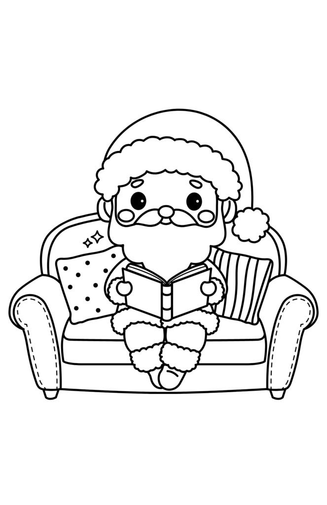 Santa claus holding a bell stands next to a triceratops in this whimsical santa coloring pages scene; a mug, lollipop, and stars float around them with "merry christmas! " written above.