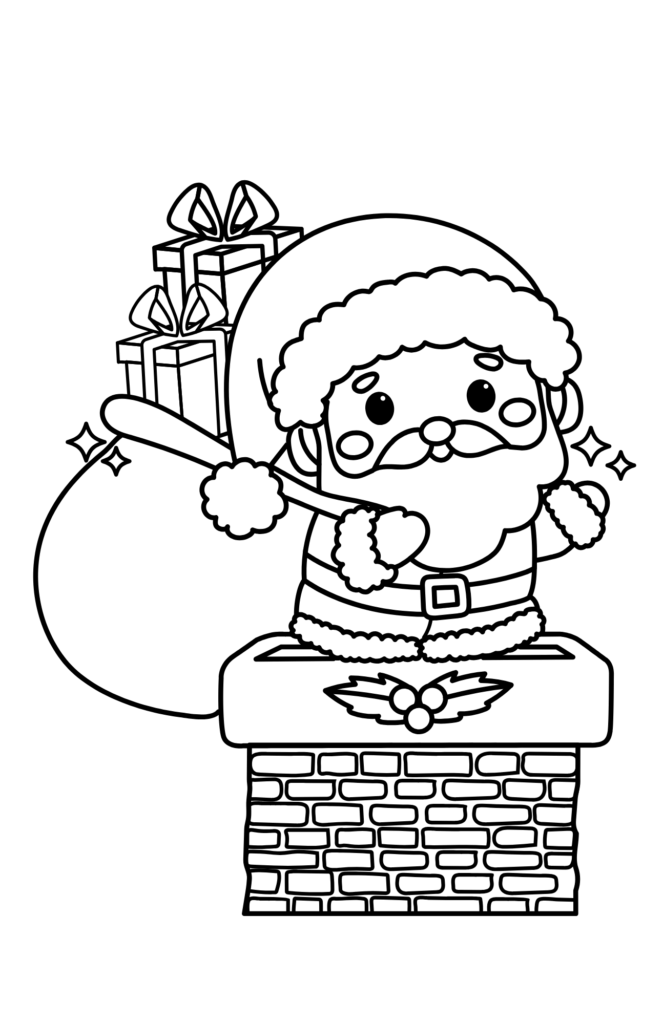 Black and white santa coloring pages featuring a dinosaur, a reindeer with antlers, stars, logs, holly leaves, and "merry christmas! " written at the top.