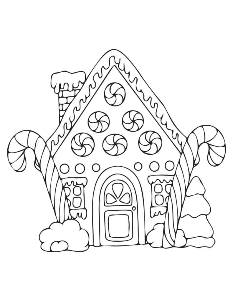 Black and white illustration of a gingerbread house decorated with candy canes, snow, icing, and circular candies on the walls—perfect for festive gingerbread coloring pages.