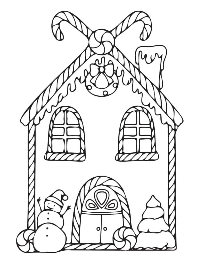 Outline drawing of a gingerbread house with candy cane roof, decorated door and windows, a snowman, tree, and candies in front—perfect for gingerbread coloring pages fun.