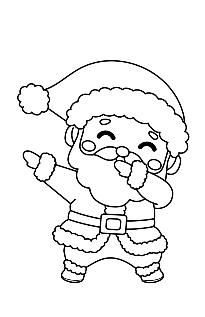 A dinosaur with bells and holly is surrounded by snowflakes. "merry christmas! " is written at the top. Perfect for santa coloring pages fans, this black and white image is ready for festive coloring fun!.