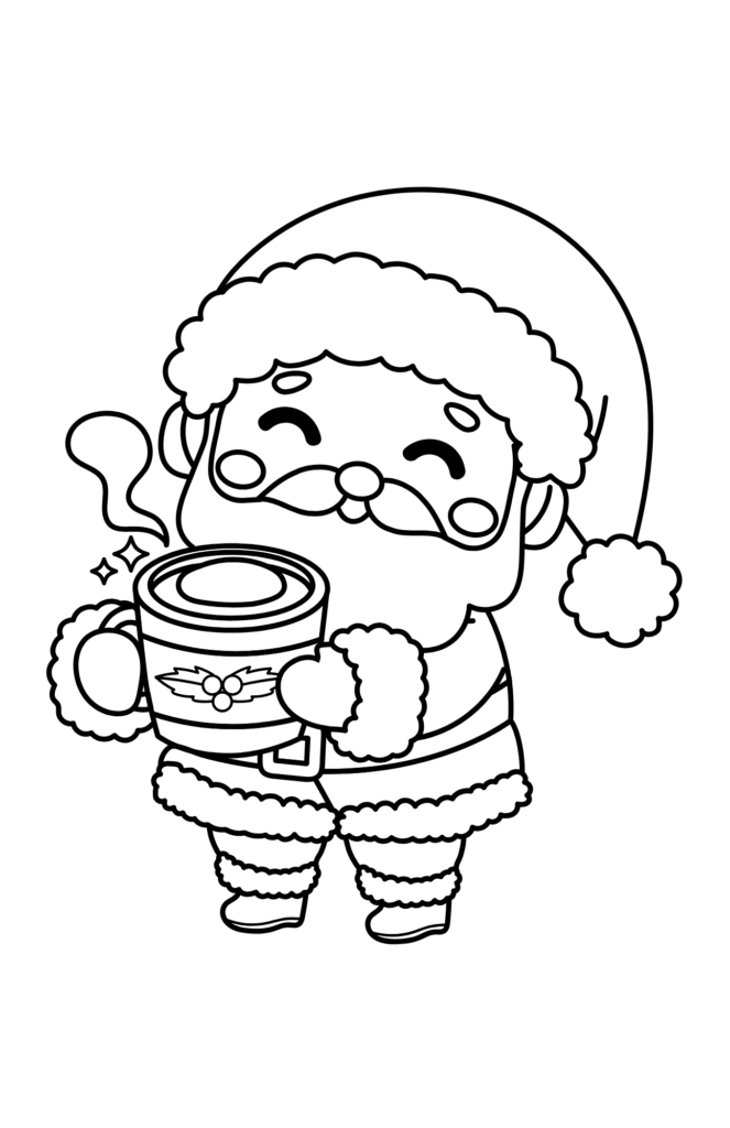 A santa coloring pages activity featuring a reindeer, dinosaur, gift box, stocking, snowflakes, stars, and “merry christmas! ” at the top—a festive scene perfect for holiday fun.