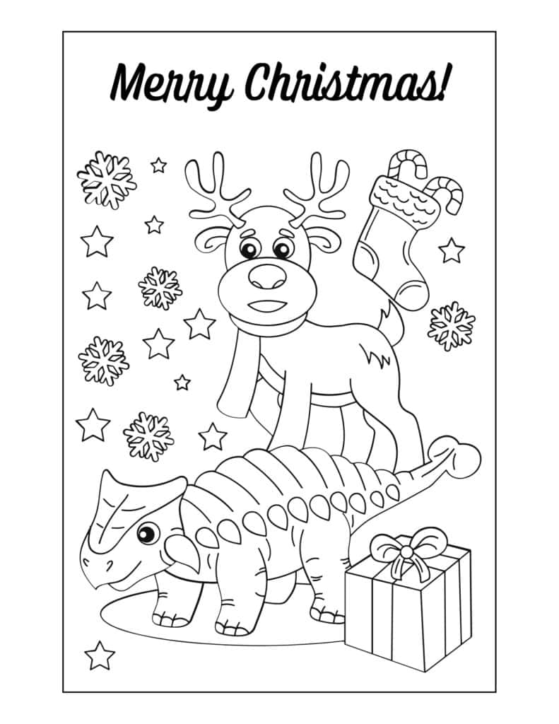 A fun dinosaur and reindeer scene perfect for holiday cheer—enjoy these dinosaur christmas coloring pages free to download and print!.