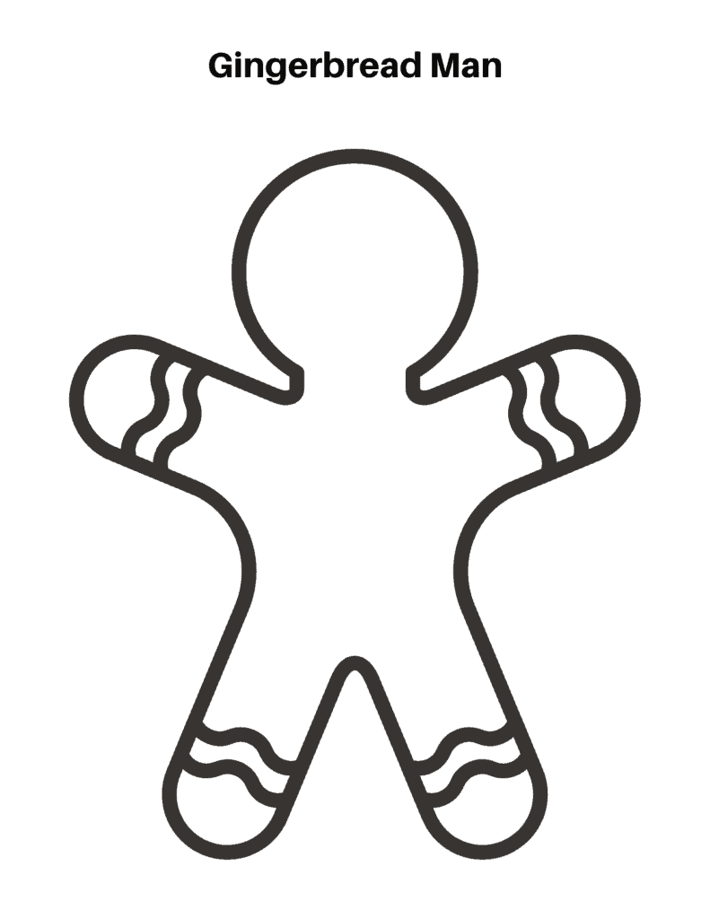 Outline drawing of a gingerbread man with wavy lines on its arms and legs, labeled "gingerbread man" at the top—perfect for gingerbread coloring pages.