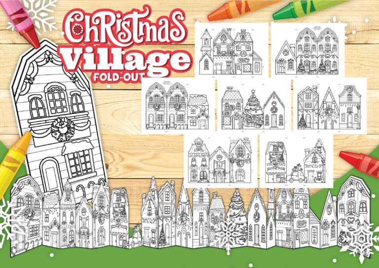 Coloring sheet of a fold-out christmas village with various decorated houses, crayons, snowflakes, and a wood background.