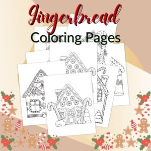 A stack of gingerbread coloring pages in black and white is displayed on a festive holiday-themed background with cookies and holly decorations. Text reads "gingerbread coloring pages.