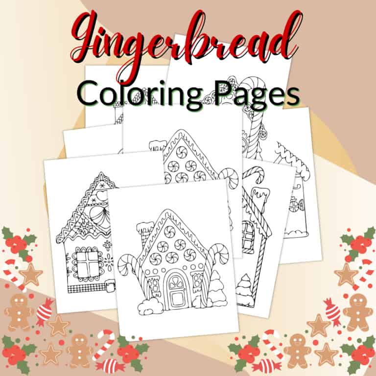 A stack of gingerbread coloring pages in black and white is displayed on a festive holiday-themed background with cookies and holly decorations. Text reads "gingerbread coloring pages.