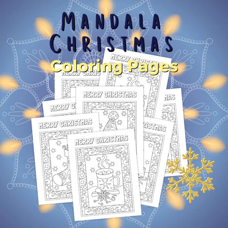 A set of mandala christmas coloring pages is displayed against a blue background with lights and snowflake graphics. The title reads "mandala christmas coloring pages. " download your free pdf for festive, relaxing coloring fun.