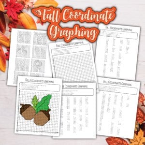 Five fall coordinate graphing worksheets display grids with coordinate lists and autumn-themed images, such as acorns, surrounded by fall leaves on a wooden surface.