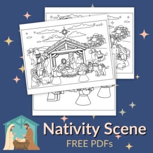 Two black-and-white nativity coloring pages are displayed on a blue background with star graphics, alongside the text "nativity scene free pdfs.