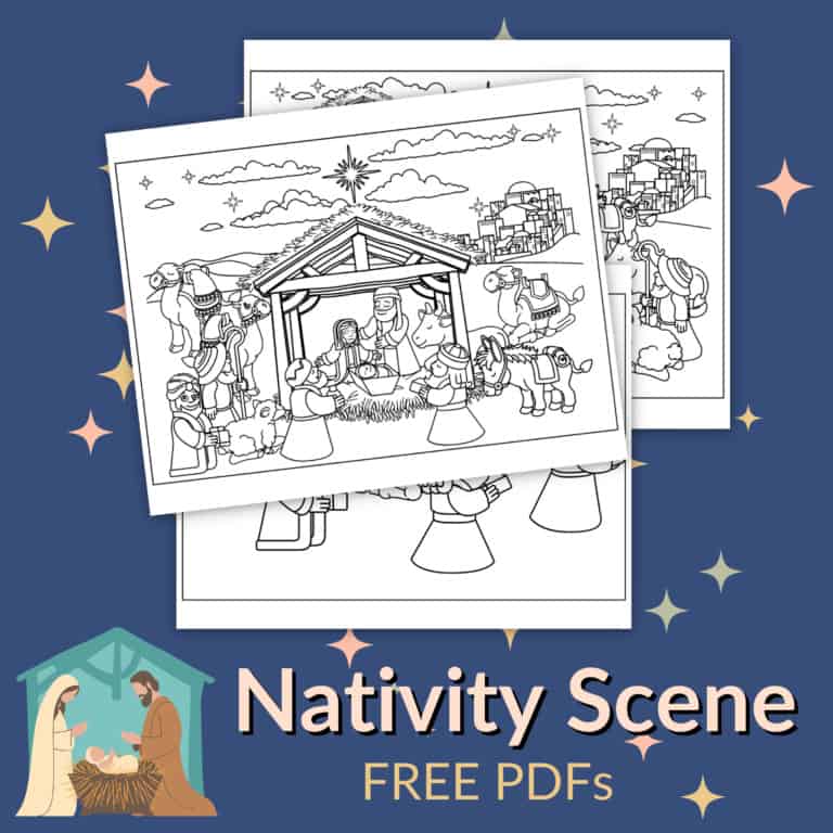 Two black-and-white nativity coloring pages are displayed on a blue background with star graphics, alongside the text "nativity scene free pdfs.