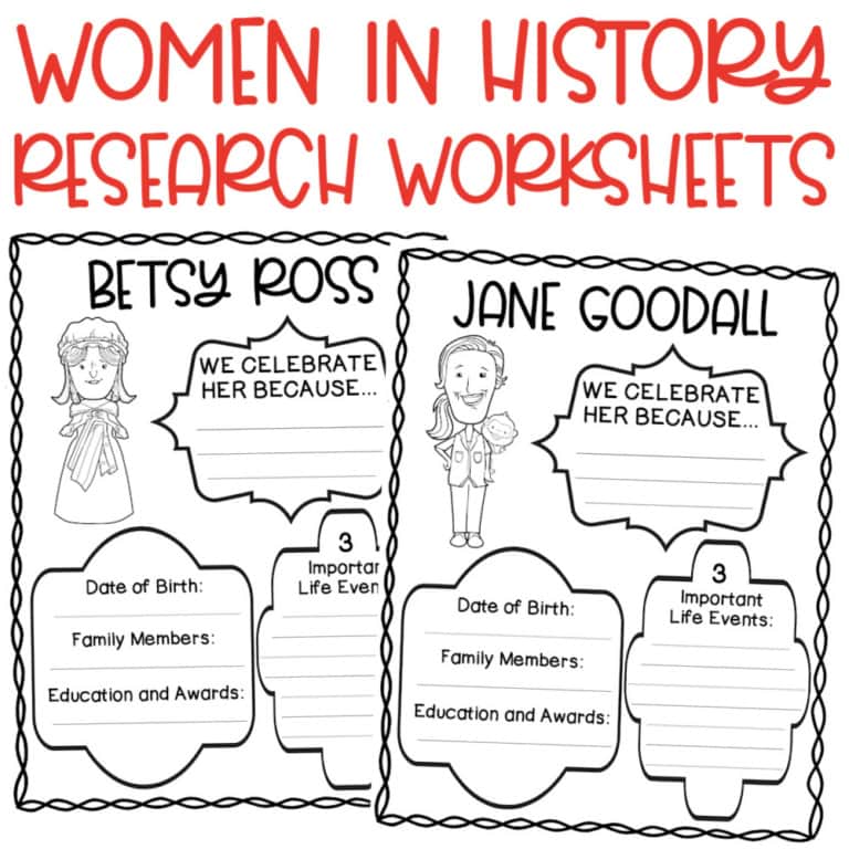 Two printable research worksheets titled "women in history" featuring sections for betsy ross and jane goodall, with prompts for life events, awards, family, and reasons for celebration.