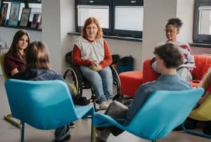 Teen students sitting in a circle having a group discussion to practice pragmatic language and social communication skills.