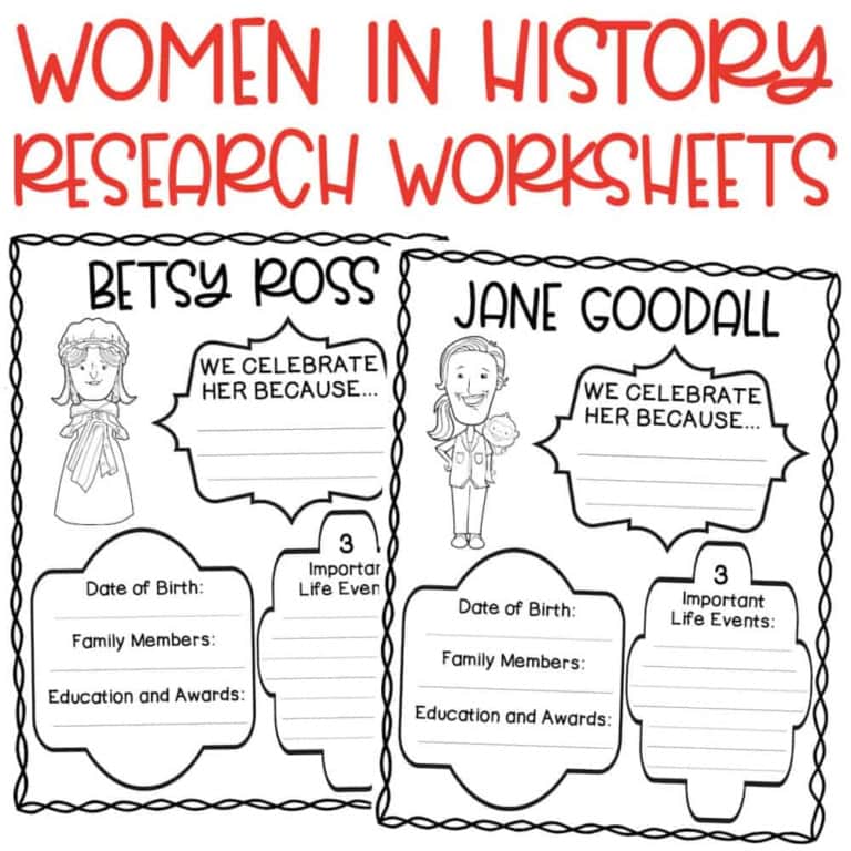 Two printable research worksheets titled "women in history" featuring sections for betsy ross and jane goodall, with prompts for life events, awards, family, and reasons for celebration.