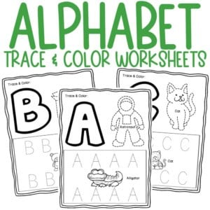 Alphabet tracing and coloring worksheets for kids with animal and object themes.