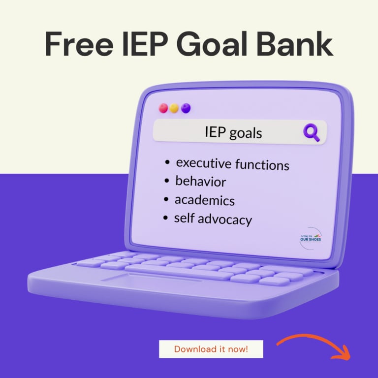Graphic showing an iep goal bank on a laptop, representing the free iep goals and iep goal bank from a day in our shoes