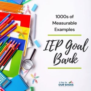 Colorful school supplies with iep goal bank text overlay.