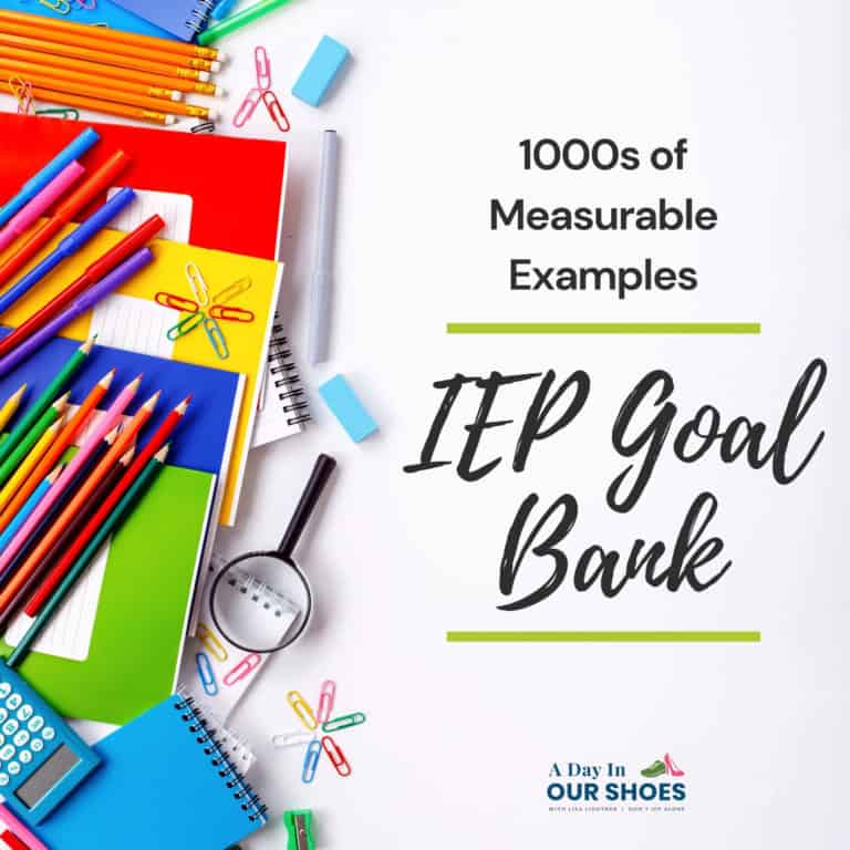 Colorful school supplies with iep goal bank text overlay.