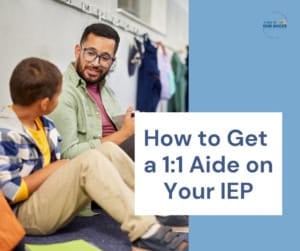 Child and aide discussing support options for child's iep in a classroom setting.