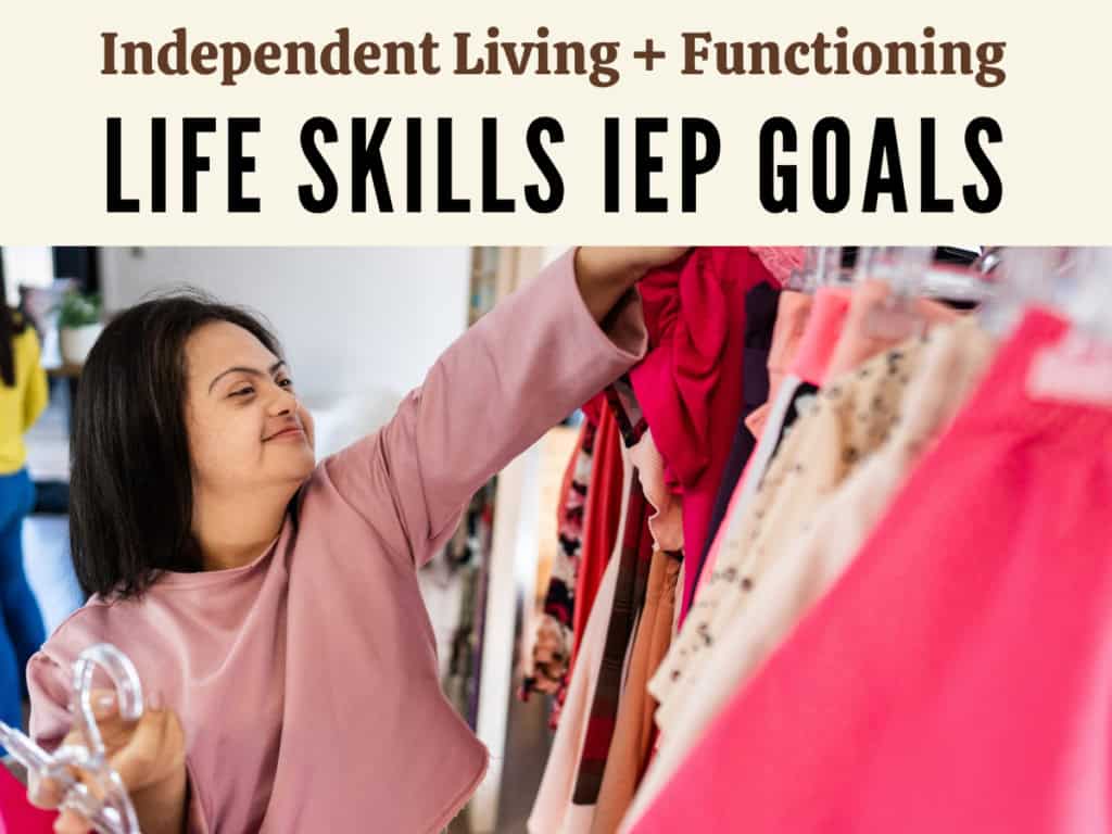 Young woman hanging a shirt on a hanger in a closet, demonstrating an independent living skill related to clothing care.