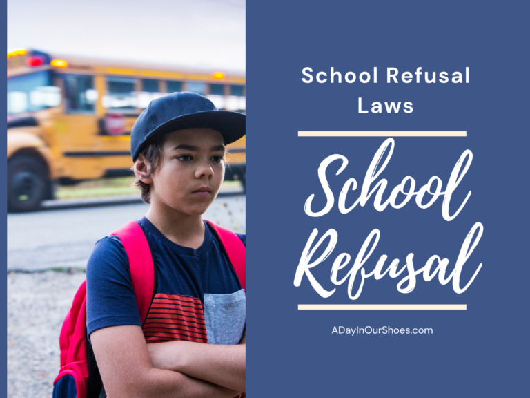 A young boy with a red backpack and cap stands outside looking sad, as a yellow school bus passes in the background. The text reads: "school refusal laws. School refusal. Parents. Adayinourshoes. Com.