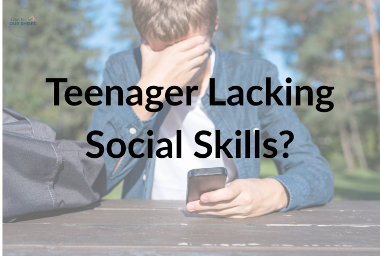 A teenage boy sits at a table outdoors, covering his face with one hand and holding a smartphone in the other. Text over the image reads, "teenager lacking social skills? Parents can help with iep support.