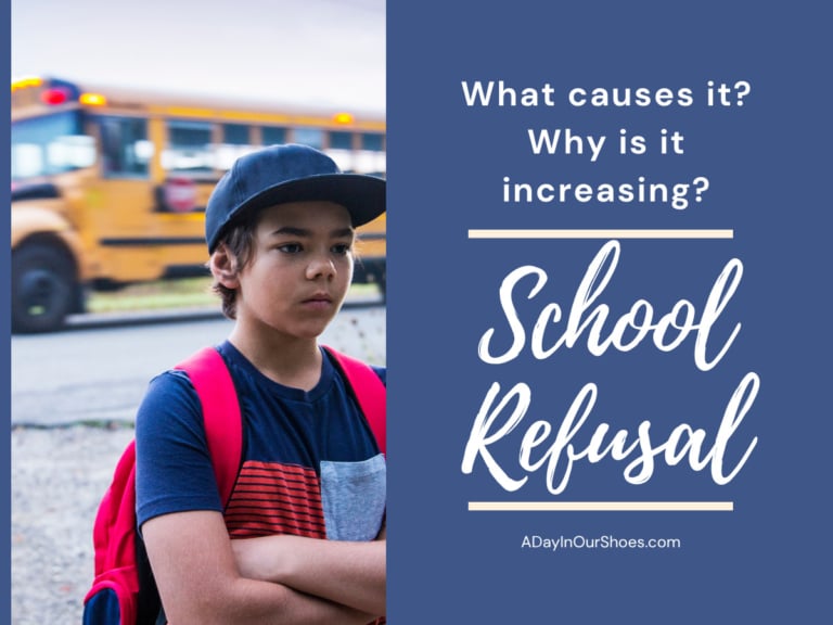 A boy with a red backpack and cap stands looking anxious as a yellow school bus passes by, next to text exploring the causes of school refusal and its increasing prevalence.