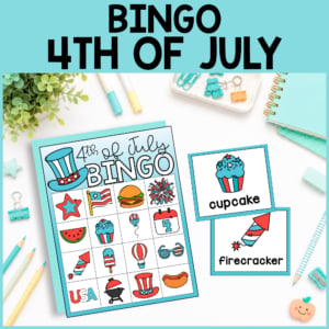 4th of july bingo game on a desk with cards showing festive icons like a cupcake, firecracker, hat, and watermelon; perfect for kids and comes as a free pdf. Surrounded by office supplies and decorations.