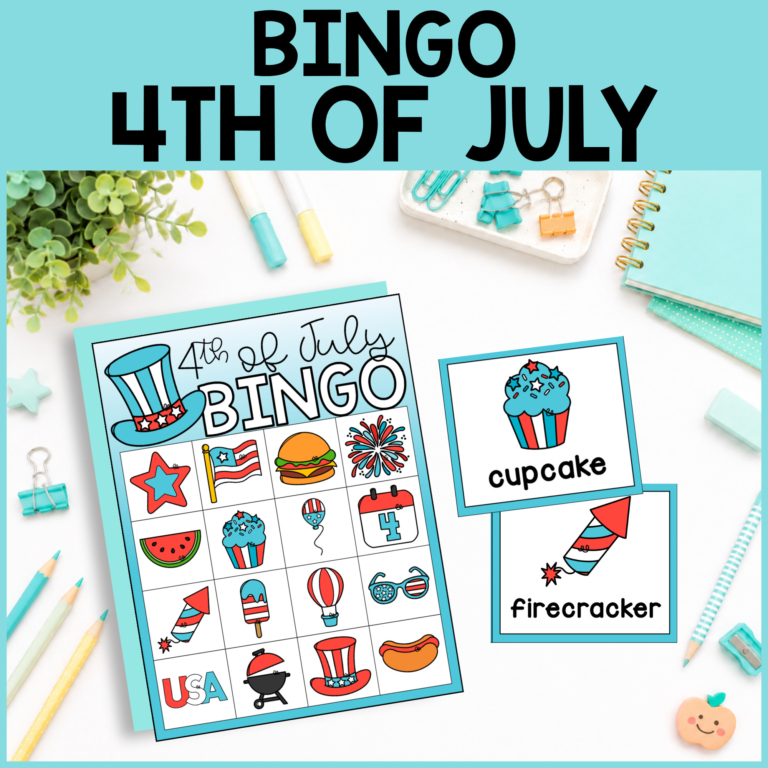 4th of july bingo game on a desk with cards showing festive icons like a cupcake, firecracker, hat, and watermelon; perfect for kids and comes as a free pdf. Surrounded by office supplies and decorations.