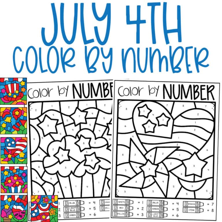 July 4th themed color by number activity for kids, patriotic holiday fun.